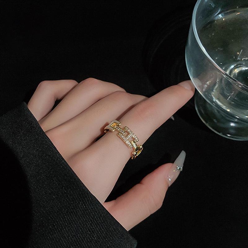 Elegant Enamel Drip Glaze Diamond H Ring: Adjustable High-End Geometric Women's Fashion Accessory