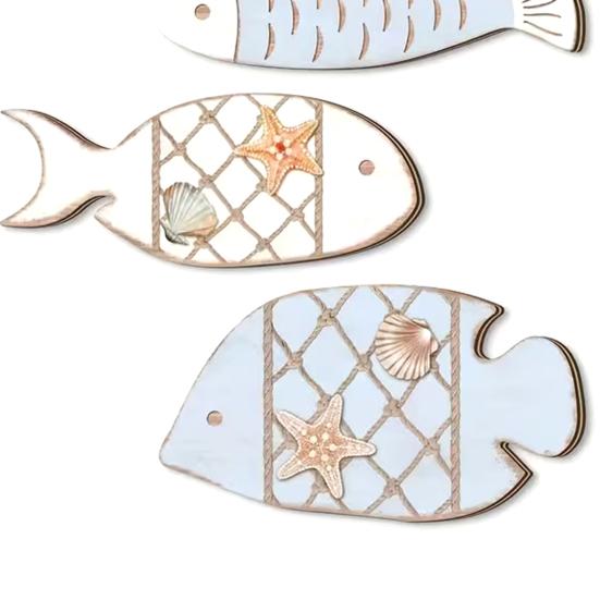 4 Pcs Wooden Fish Wall Decor Nautical Coastal Wood Fish Wall Art Rustic Hanging Beach Wall Sculpture for Lake House Home Bathroom Decor