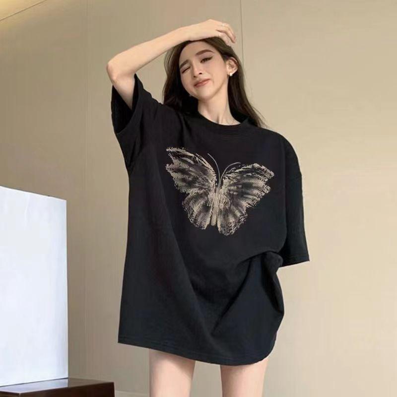 European Short-sleeved Shirt New Summer Medium and Long Loose Lower Body Missing Round Neck Short-sleeved Casual Shirt Women