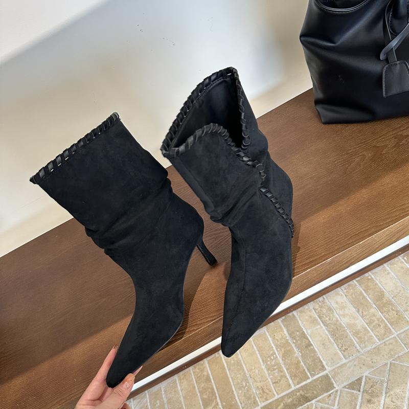 

Мода SUOJIAUN 2025 Зима Новинка Бренд Женские Короткие Ботинки Мода Острый Носок Слипоны Женские Элегантные Ботинки До Середины Икры Обувь Тонкий Высокий Каблук 35 чёрный