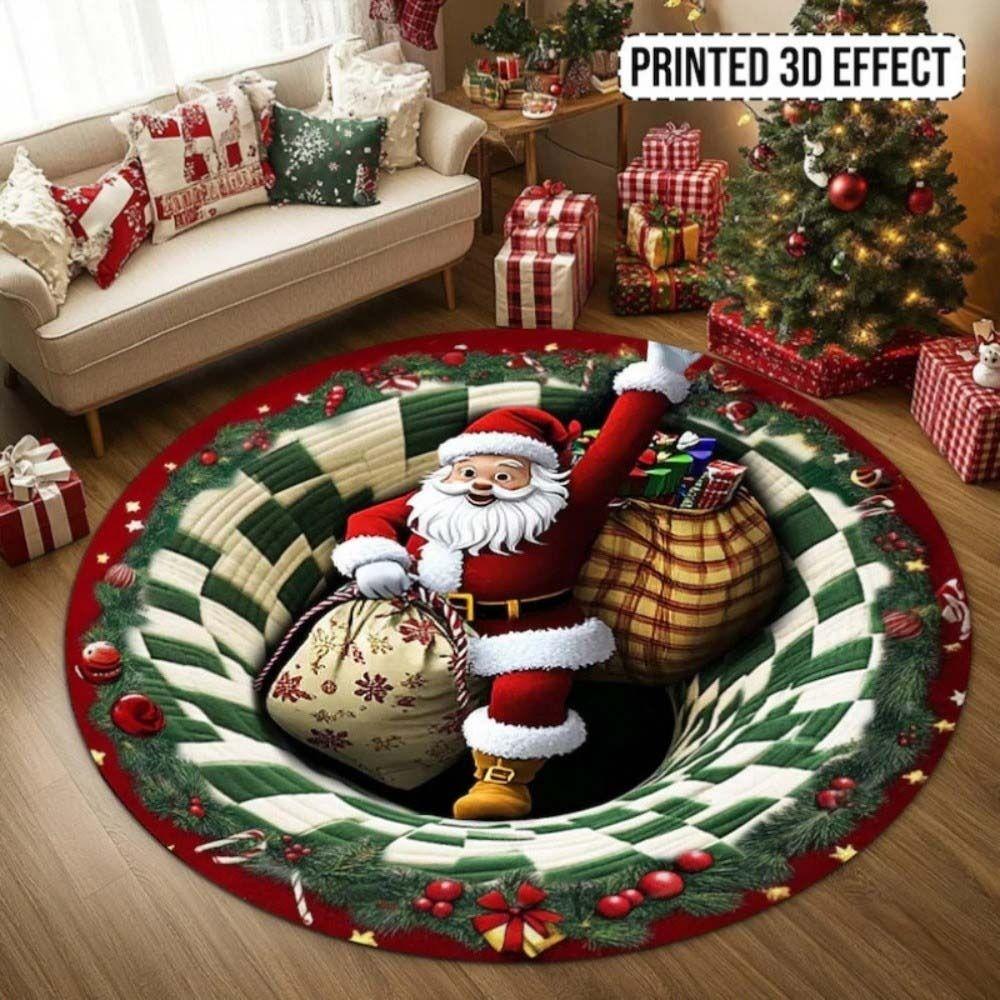 Bottomless Pit Christmas Round Rug 2D Flat Vortex Floor Mat 3D Illusion Carpet Xmas Party