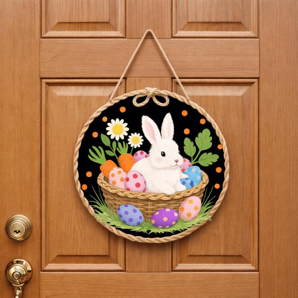 Wooden Happy Easter Door Sign Rabbit Eggs Hanging Wood Sign Easter Bunny Welcome Sign Party
