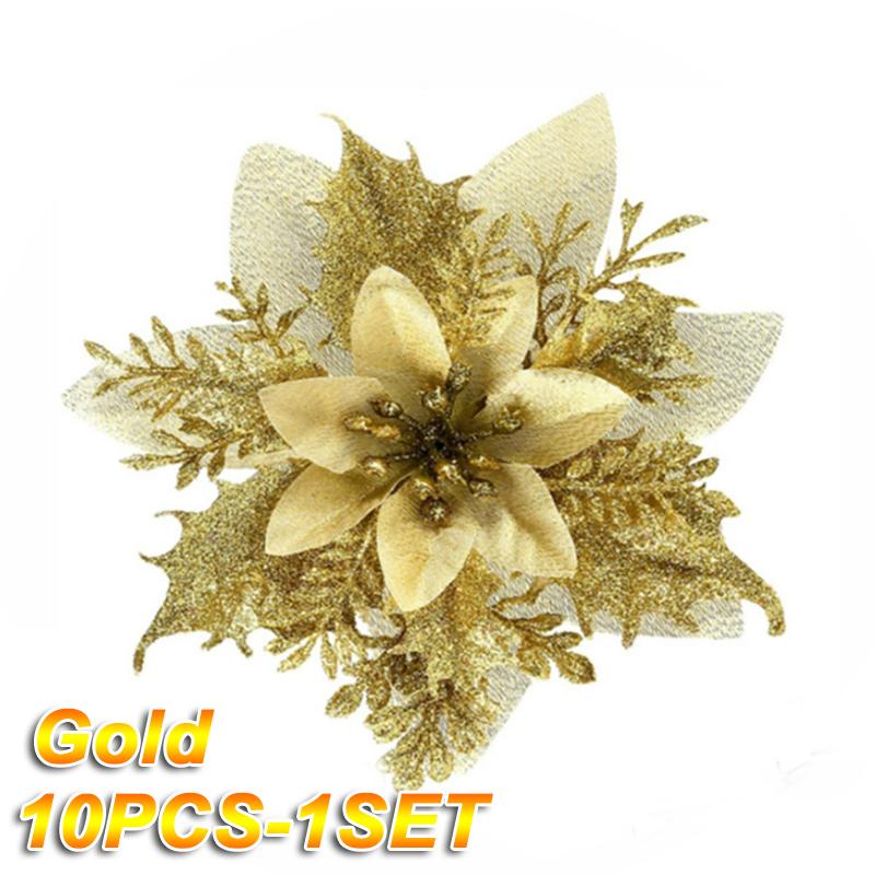 100pcs Glitter Artifical Christmas Flowers Mreey Christmas Tree Decoration Happy New Year Ornaments Xmas Fake Flowers natal