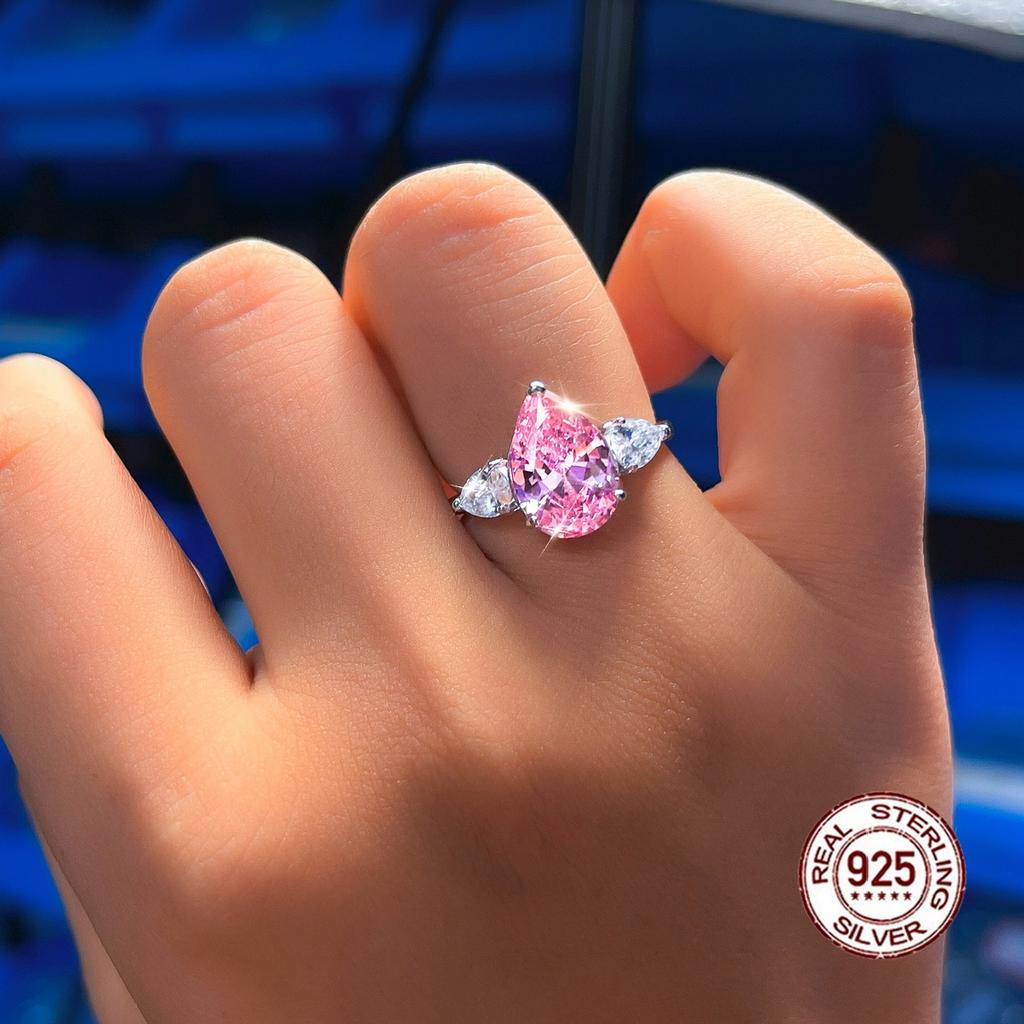 925 Sterling Silver Pear Cut 5A Cubic Zirconia Ring Sparkling Pink Teardrop CZ Engagement Promise Rings for Women Fine Jewelry