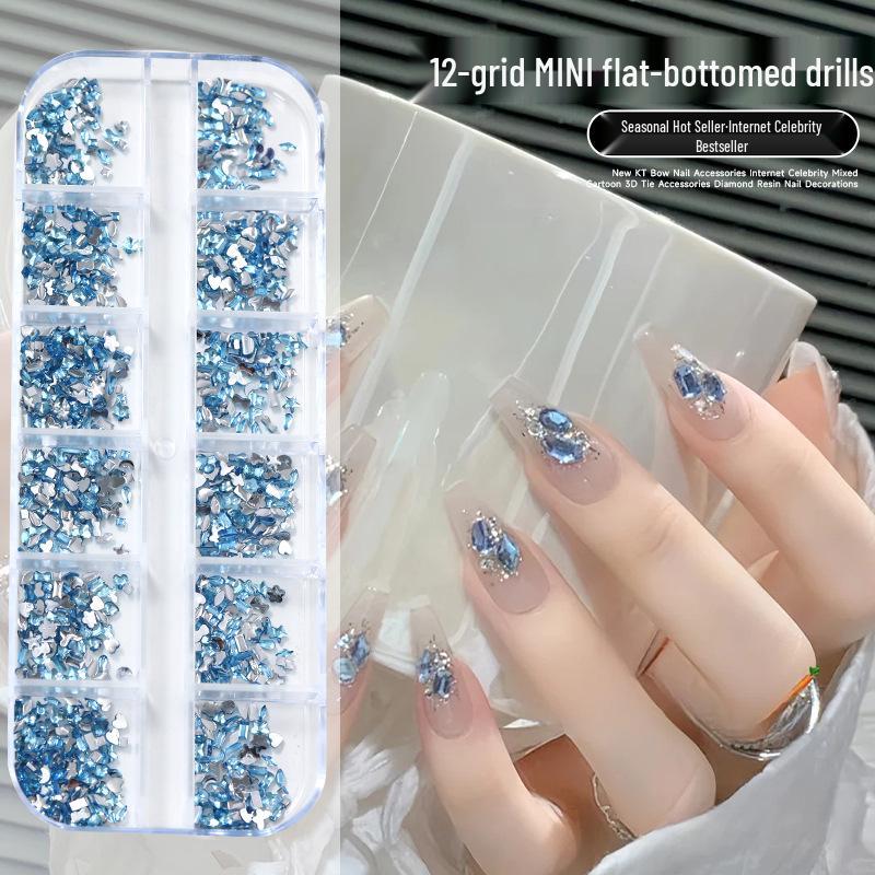 12-Grid Mini Nail Art Rhinestones, Colorful Irregular Champagne Crystals, Super Flash Flatback Nail Accessories.