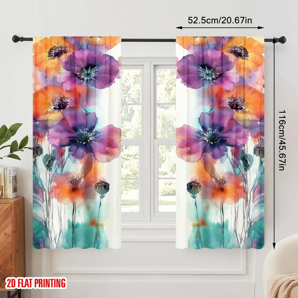 2pcs,2D Plane Printing Curtains Vibrant Blooms Durable Polyester (without Rod) Holiday Perfect for Living Room & Office Decor