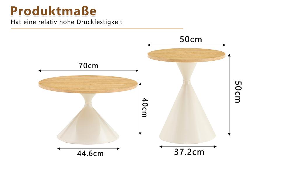 Hourglass Series 2-Piece Coffee Tables with Conical Shape, Melamine Tabletop in Wood Look + Cream Metal Base, Stackable, Living Room, Bedroom & Office