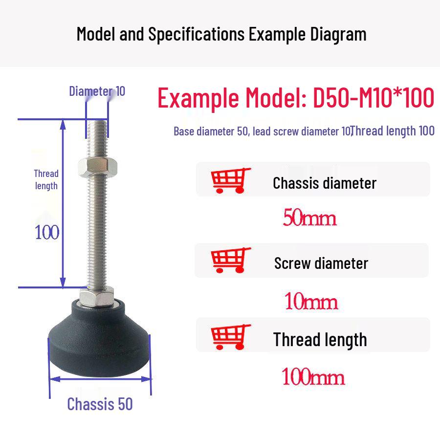 304 Stainless Steel Adjustable Foot Support with Nylon Pad, M8/M10/M12/M16 Screw