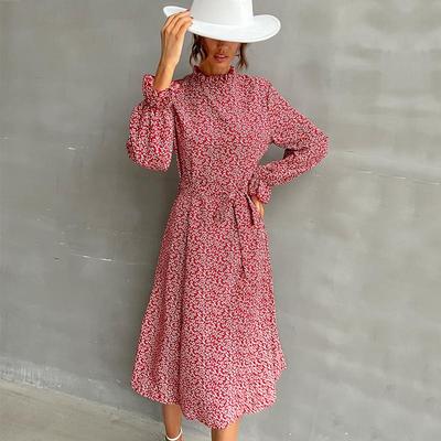 Vestido floral de cintura alta delgado estampado con cordones y cuello medio alto de manga larga para mujer
