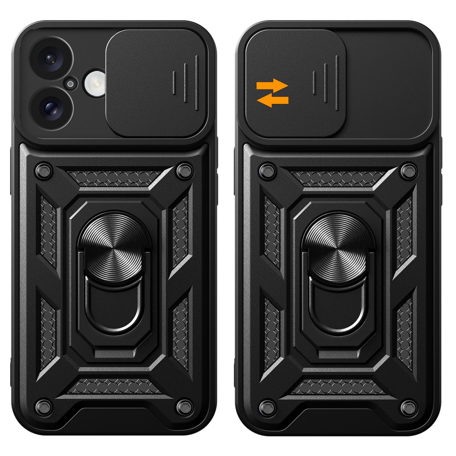 

For iPhone 16 Case with Slide Camera Lid PC+TPU Kickstand Phone Cover Black