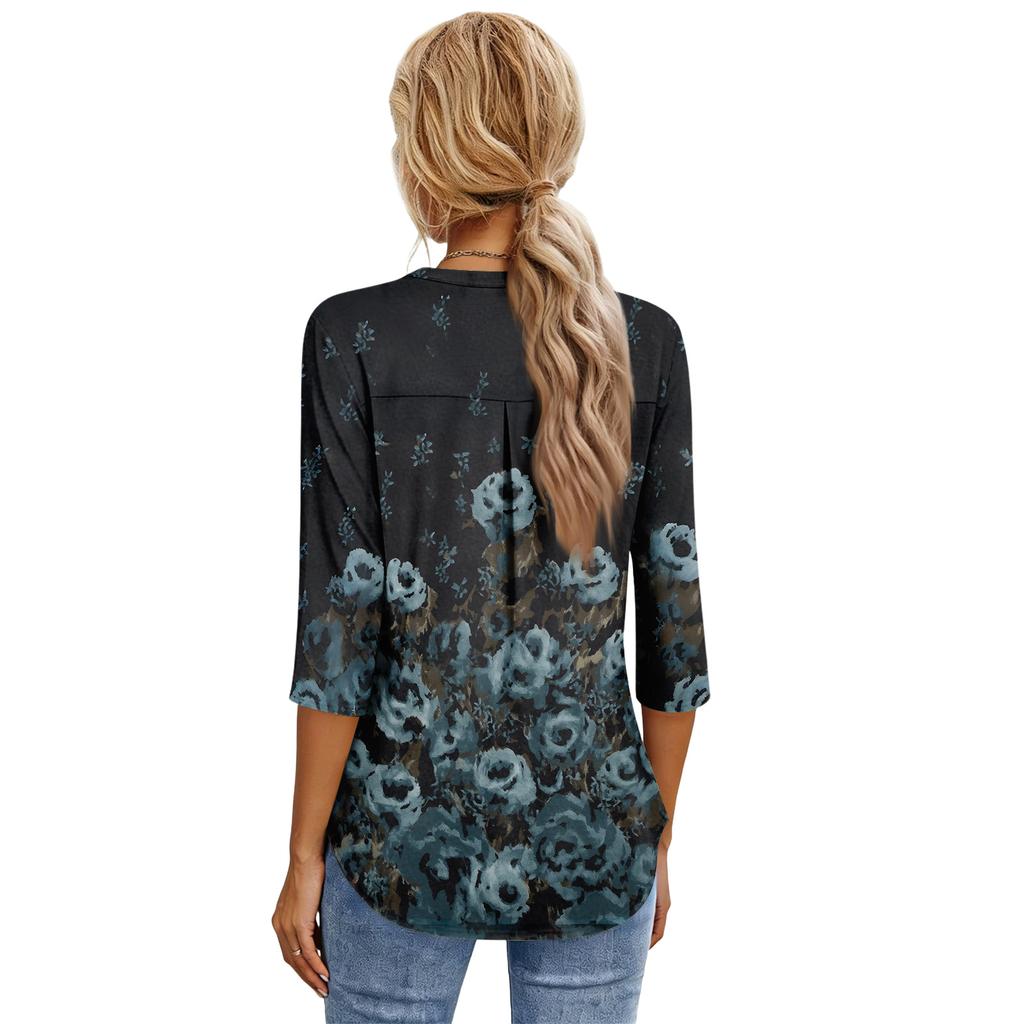 Damen Mode Lässiges Dreiviertelarm T-Shirt Bedrucktes V-Ausschnitt Top
