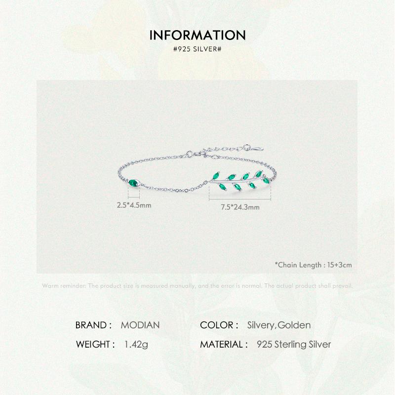 MODIAN 925 Sterling Silver Green Leaf Zirconia Adjustable Link Chain Bracelet For Women Fashion Wedding Jewelry Accessories