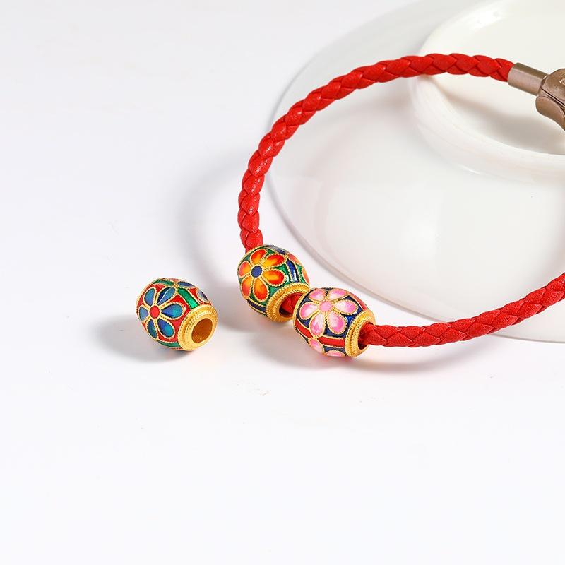 Vietnam Sand Gold Sakura Lotus Bead Bracelet: Brass Gold Plated, Enamel Baked Paint, DIY Hand Rope.