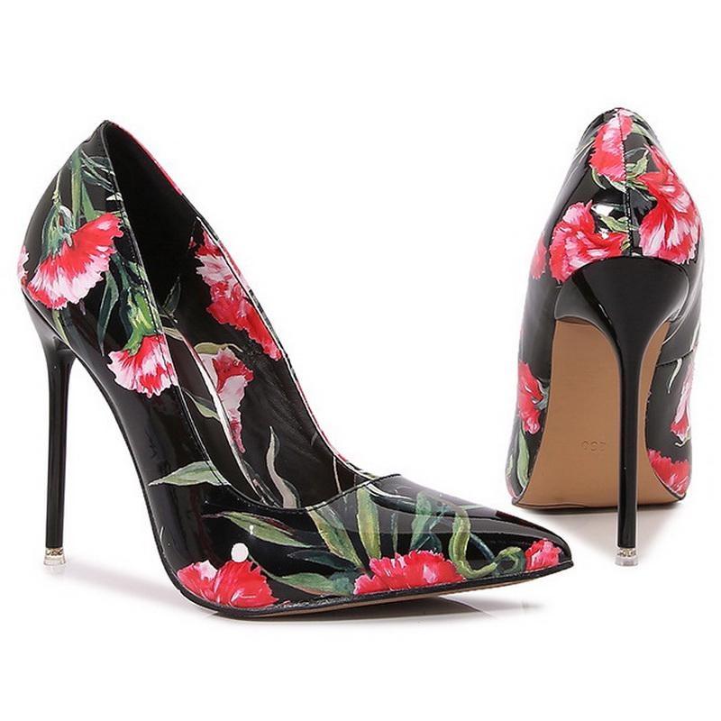 

Women Rose Flower High Heel Shoes OL Pointed Toe Color Printing Single Shoes Office Nightclub Party Wedding Gathering Lady Pumps 46 чорний
