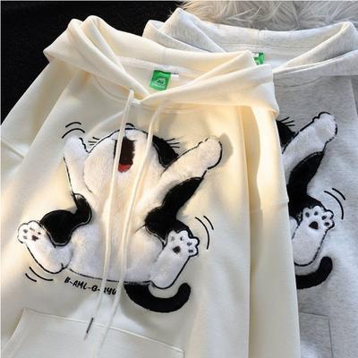 Japanische Kawaii Flock Stickerei Cartoon Katze Patchwork Hoodies Verdicken Känguru Tasche Baggy Street Sweatshirt Alle-Matching Top