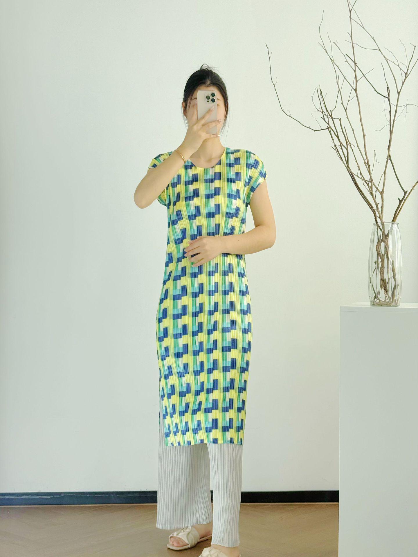 

Miyake Pleated Houndstooth Slim Fit Dress - Spring/Summer High-End Color Matching Skirt One Size зелёный