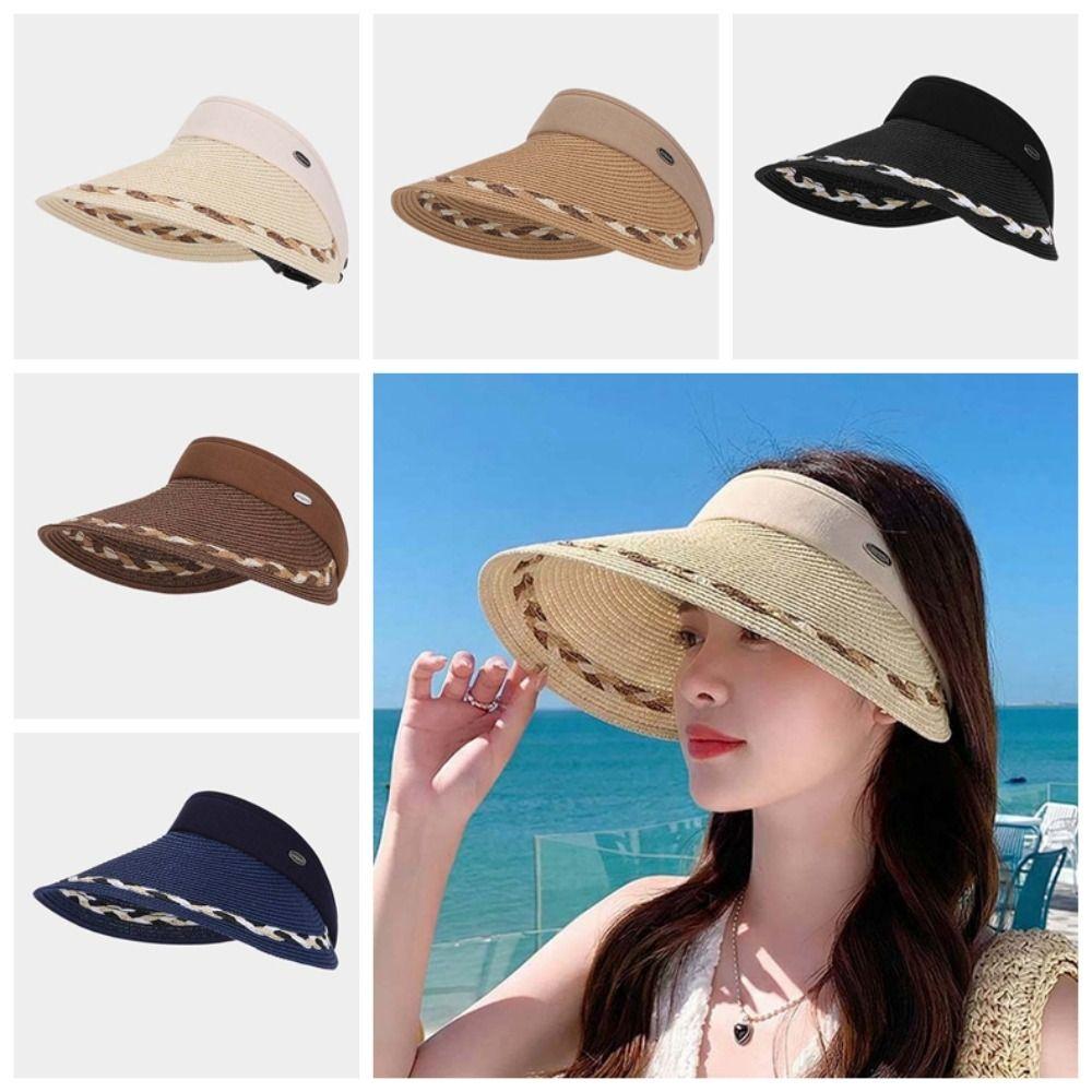 Portable Wide Brim Woven Cap Solid Color Sunscreen Empty Top Hat Travel Straw Visor Cap  Summer
