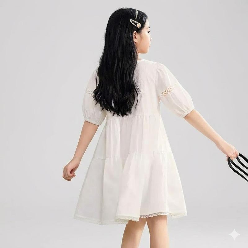 Big Girls Puff Sleeve Short Sleeve Princess Dress Casual Summer Sweet Kids Dress
