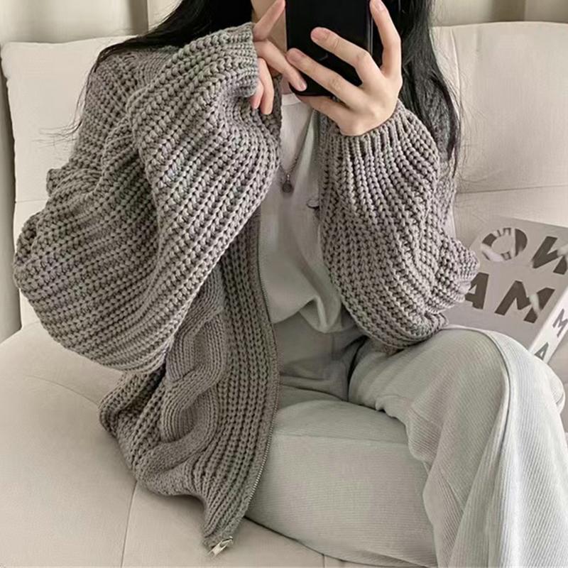 Women Zipper Rib Loose Cardigan Coat Lantern Sleeve Knit Warm Sweater Coat Solid Casual Office Jacket Women Fall Winter