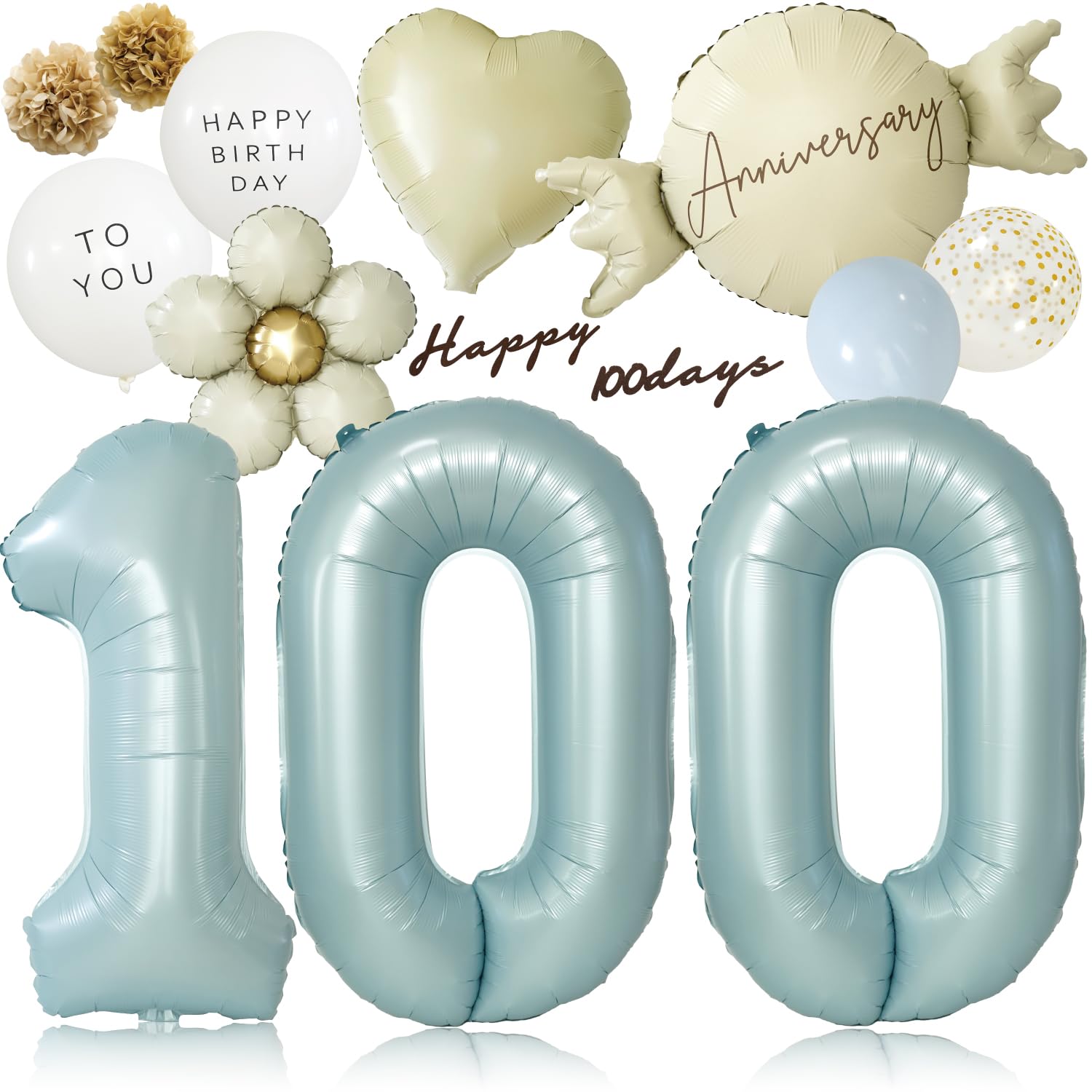 

deerzon Dusky Blue 100 Days Celebration Balloon Set 13-Piece Large Number Balloon for Birthday Decoration