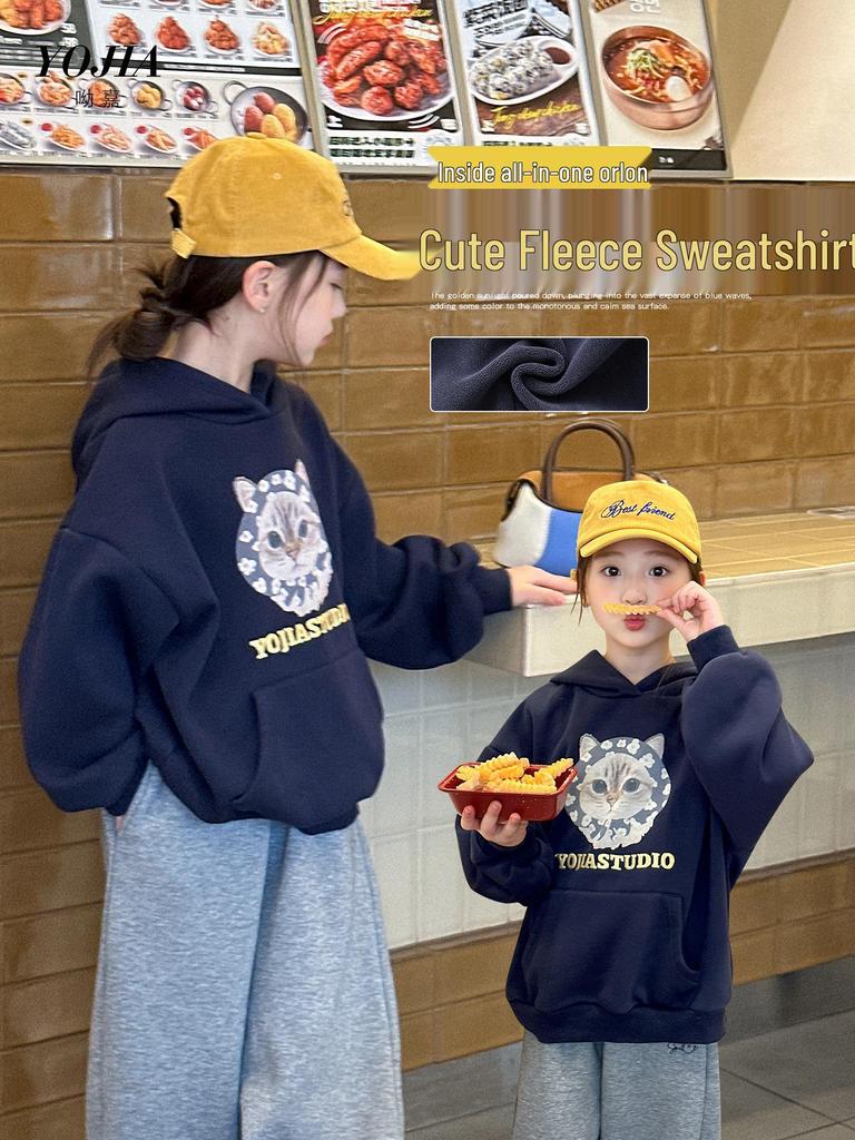 YOJIA Winter 2025 Girls' Cartoon Fleece-Lined Hoodie - Warm Sweatshirt for Little Girls