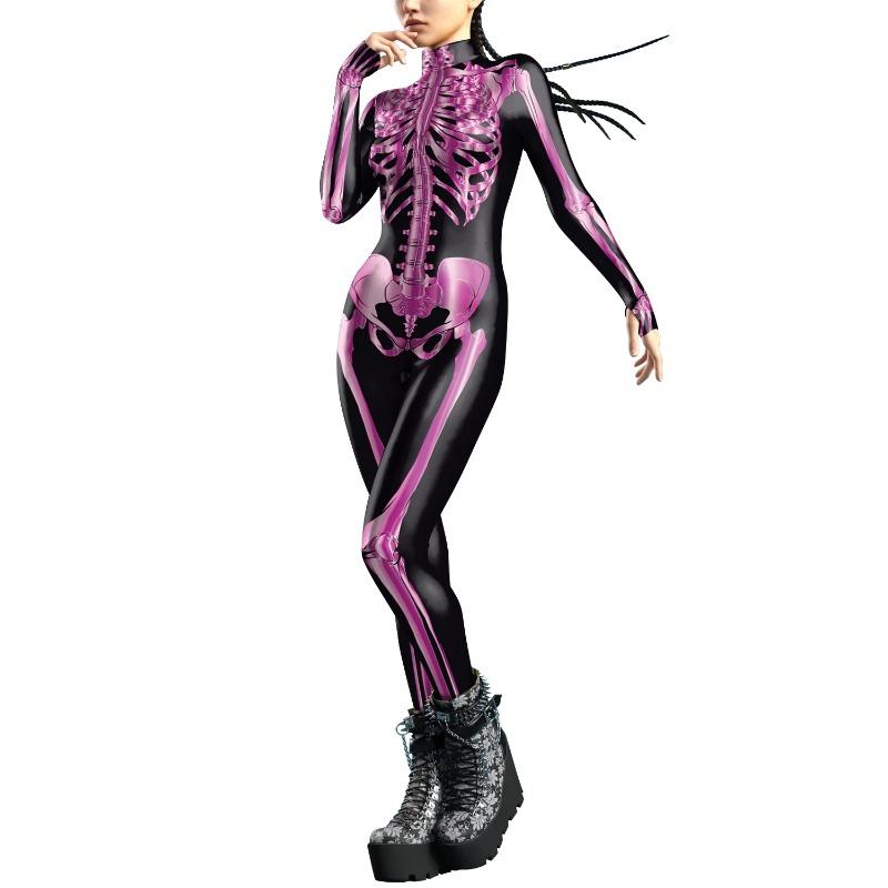 Halloween Cosplay Costumes For Women Skeleton Printed Long Sleeve Bodysuits Slim Elastic Fancy Outfits Catsuit