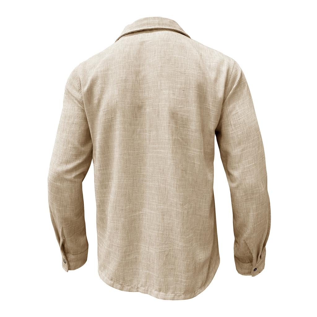 Men's Casual Long Sleeve Button-Down Collar Pullover Shirt with Pocket, Cotton-Linen for Everyday Wear