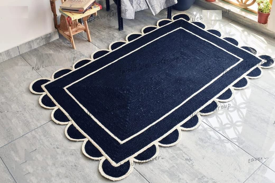 

Синие зубчатые белые джутовые коврики с зубцами, прямоугольный джутовый коврик ручной работы с зубчатым бохо-декором 90cm x 150cm естественный