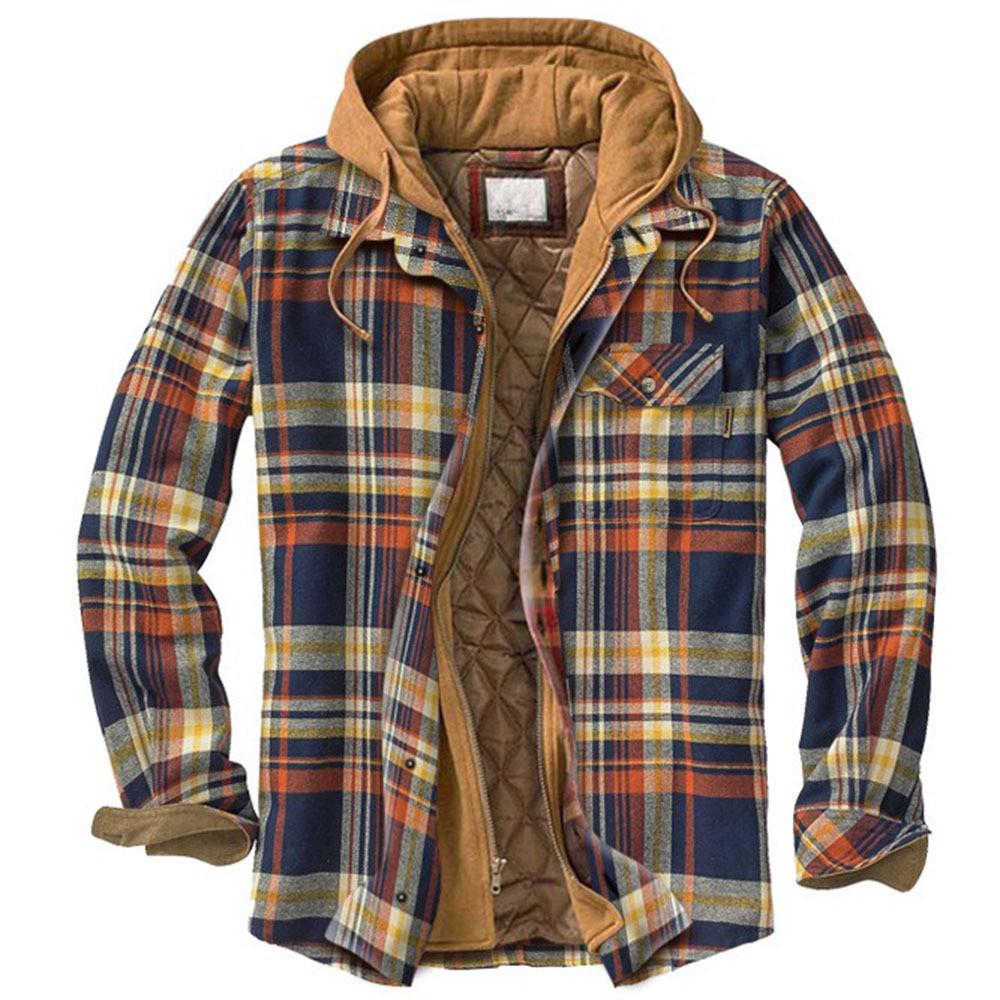 Men's Plaid Hooded Cotton Jacket: Thick, Long Sleeve, Loose-Fit for Autumn/Winter