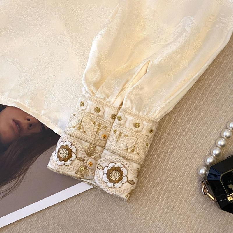 women jacquard satin blouse round neck button detail long sleeve embroidered cuffs casual loose fit top