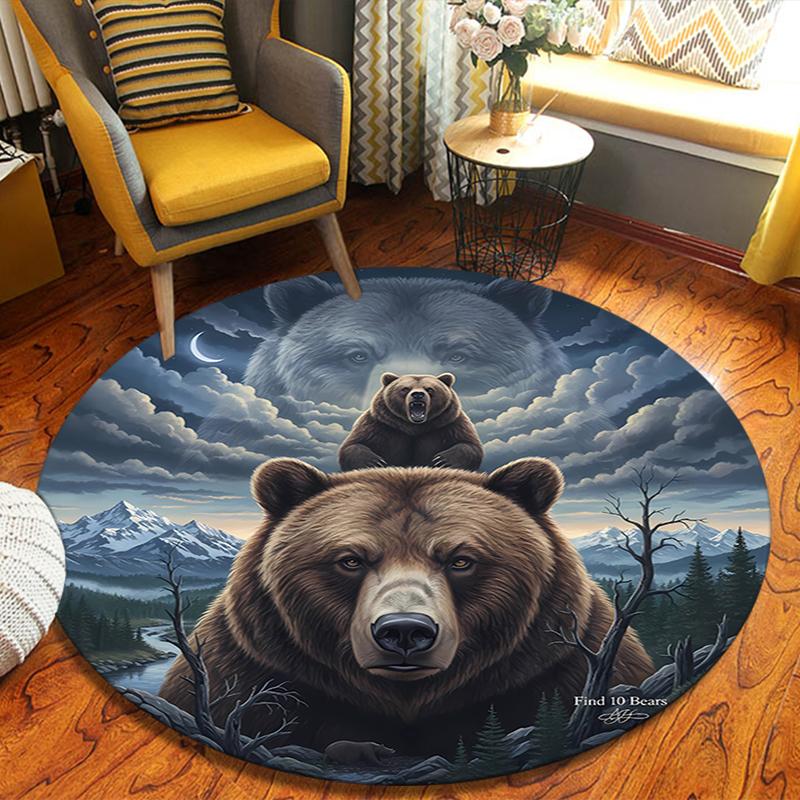 Deer Bear Wolf Round Area Rug,Carpet Rug for Living Room Bedroom Sofa Playroom Decor,Non-slip Floor Mat