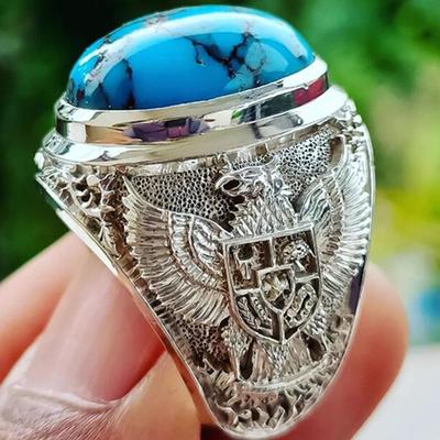 Anelli di pietra blu intarsiati rotondi vintage Anelli punk di aquila intagliati a mano in metallo color argento moda