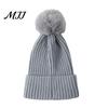 Warm Knitted Hats Winter Hat with Fluffy Fur Ball, Thick Cuffed Cap, Elastic Soft Outdoor Travel Headgear Stretchy Fabric Solid Color for And