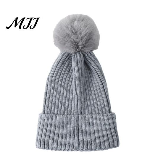 Warm Knitted Hats Winter Hat with Fluffy Fur Ball, Thick Cuffed Cap, Elastic Soft Outdoor Travel Headgear Stretchy Fabric Solid Color for And