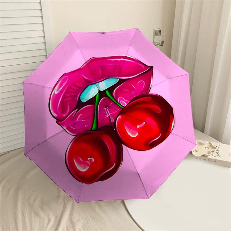 

1pc Lips Cherry Automatic Open/Close Umbrella Compact Folding Umbrella with 8-Rib Shaft for Women/Men, Elegant Birthday1122S