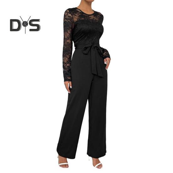 

Женский кружевной деловой комбинезон с длинными рукавами, широкими брюками и высокой талией, комбинезон с поясом, летний цельный комбинезон XL чёрный