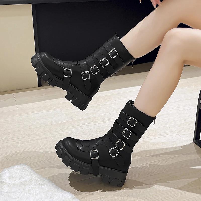Fashion Women Shoes High Quality Zipper Women's Boots Autumn Round Toe Solid Middle Tube Platform Chunky Heels Large Size Fashion Boots