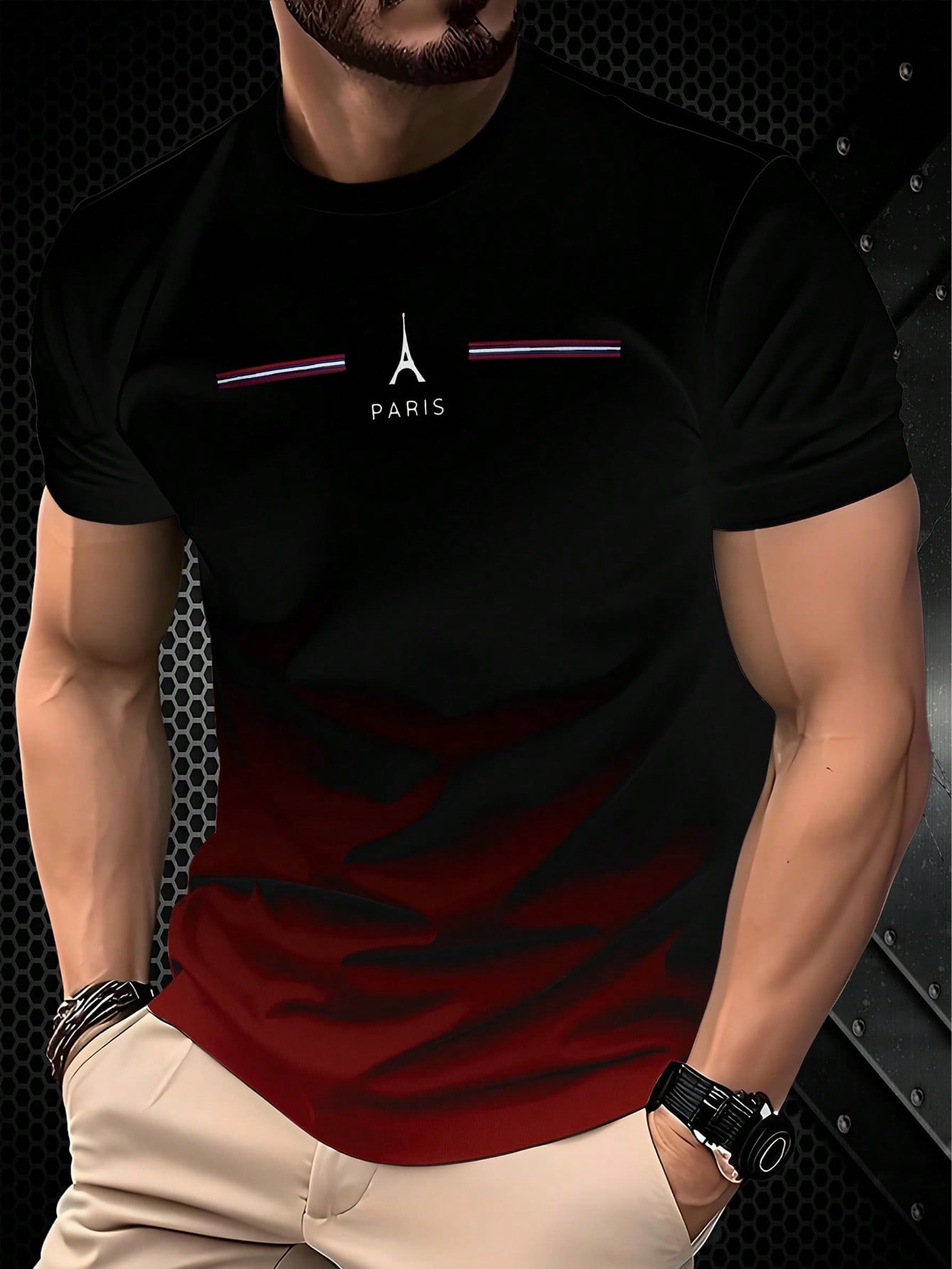 Men s Gradient Pattern 3D Printed T-shirt Casual and Fashionable Round Neck Short Sleeved Clothing Black to Red Gradient Personalized O-neck Tops S