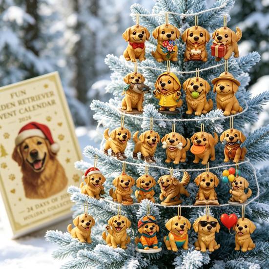 Christmas Collection Set 2026 Advent Calendar Box with 24 Dog Acrylic Ornaments, 2D Flat Hanging Gold Plated Pendants Charms, Countdown Blind Gift for