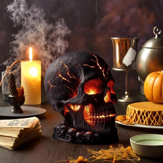 Skalle Bordlampe Gotisk Magma Skallelampe Skummel LED Menneskeskalle Bordlys for Halloweenfest Manteldekorasjon