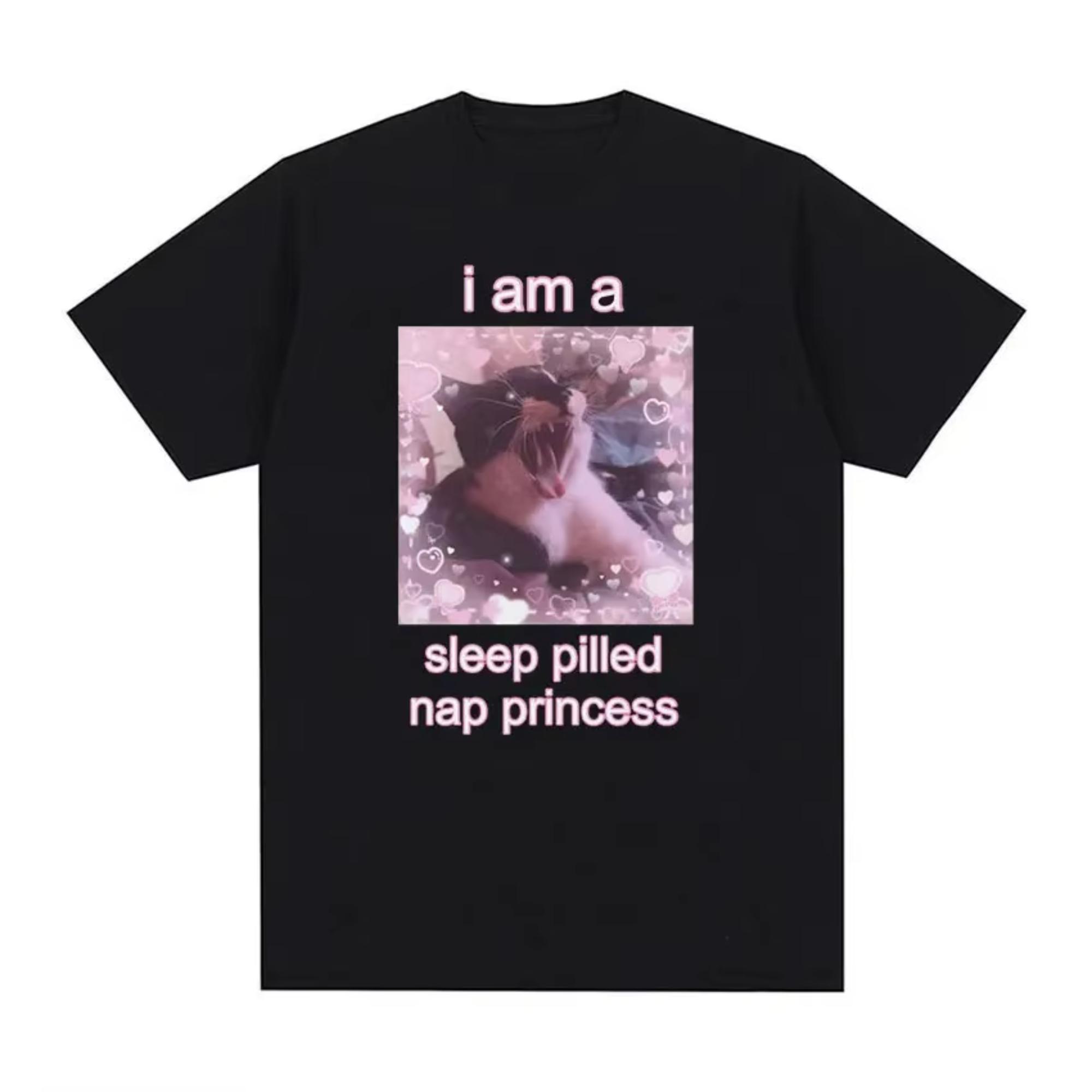 Sleeping Princess Fun Cat Printed Womens Tshirt Fashion Trend Top SpringSummer Pure Cotton Unisex Short Sleeve Tshirt S
