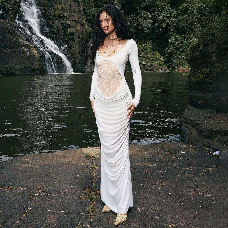 

# Sisjuly# European and American Sexy Coco Charm Bloom Lace Patchwork Sense of Perspective Ruched Long Sleeves Dress Female White L