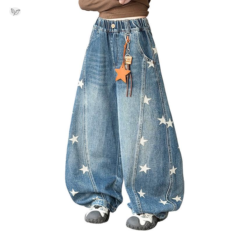 Mädchen Jeans mit Sternenprint und weitem Bein, Herbst 2026 Kollektion, für mittelgroße und große Kinder - Lockere Dad Style Lange Hose