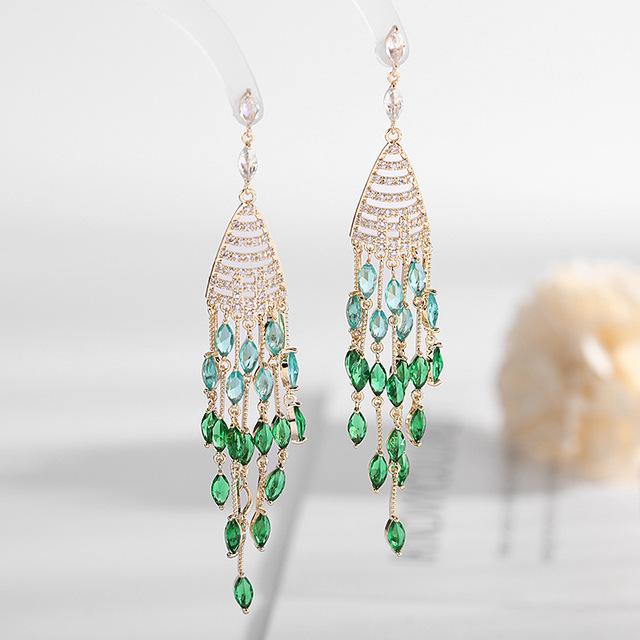 Модные длинные серьги с кисточками, зеленые позолоченные серьги с цирконием, женские роскошные ювелирные изделия, серьги-подвески для свадебной вечеринки зелёный