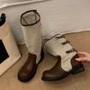 Retro Splicing Belt Buckle Medium Boots Women's Thick Heel Knight Boots Versatile and Thin Western Cowboy Fashion Boots