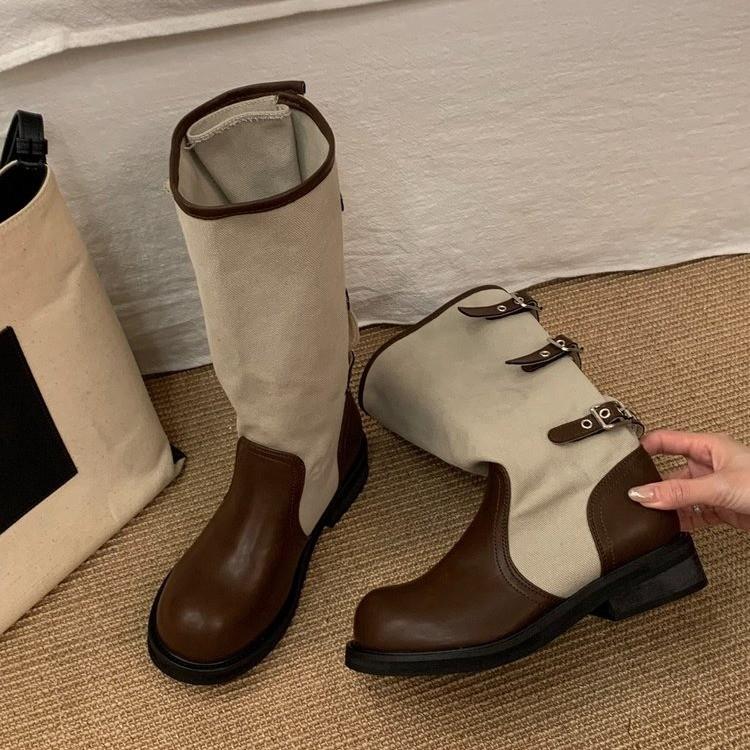 Retro Splicing Belt Buckle Medium Boots Women's Thick Heel Knight Boots Versatile and Thin Western Cowboy Fashion Boots