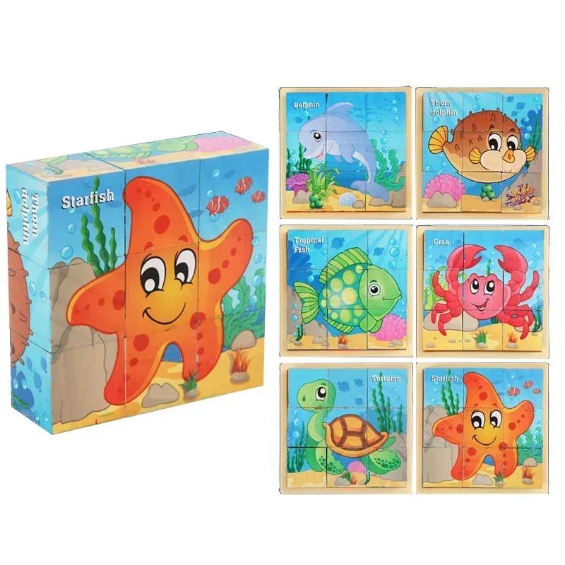 Cube 3D Wooden Puzzle Children'S Nine Pieces Six-Sided Wooden Block Tray Children'S Montessori Learning Educational Puzzle Toys