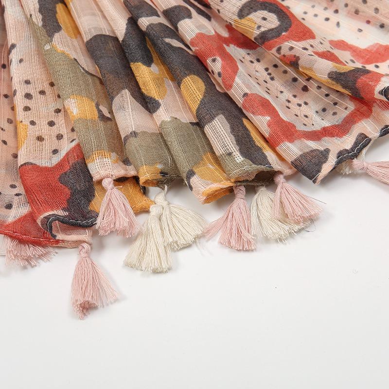 Spring and Summer New Beard Tassel Polyester Long Scarf Women's Popular Color Cashew Nut Printed Cotton and Linen Long Scarf