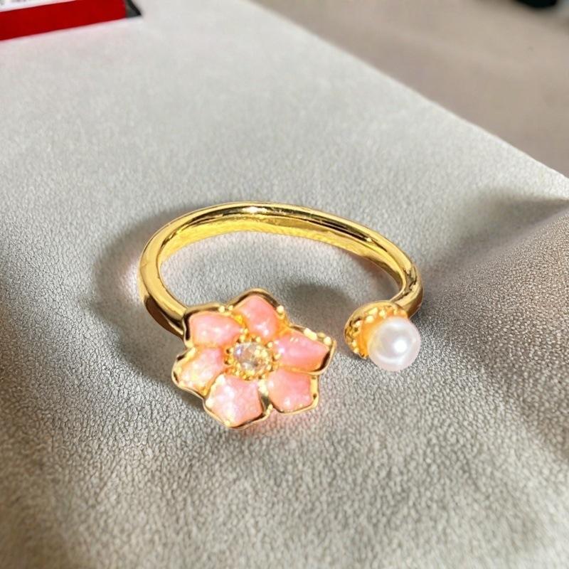 Princess Pink Flower Gold Enamel Dripping Oil Opening Ring Female Butterfly Premium Sweet Cool Ring