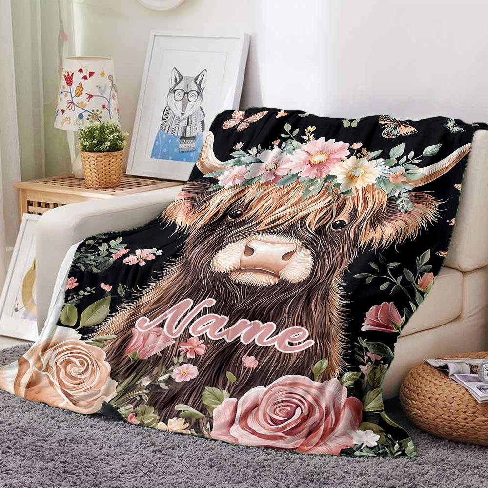 Floral Crown Highland Cow With Butterflies And Roses Gift Customizable Blanket Customize Text Soft Warm Cozy Perfect For Sofa Couch Office Bed Picnics